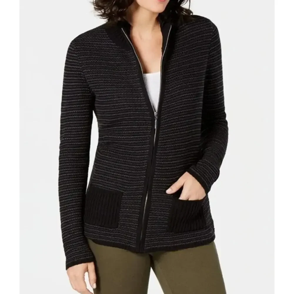 Karen‎ Scott Cardigan Sweater NWT Womens Size 3X Black Textured Full Zip Pockets